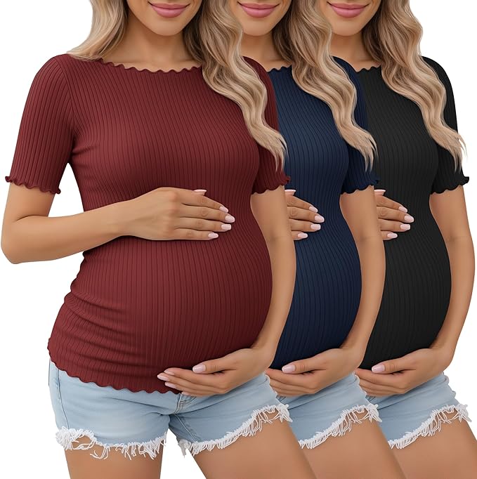 3 Pack Women's Maternity Ribbed Shirts Cotton Short Sleeve Pregnancy Tops Boat Neck Lettuce Trim Mama Clothes