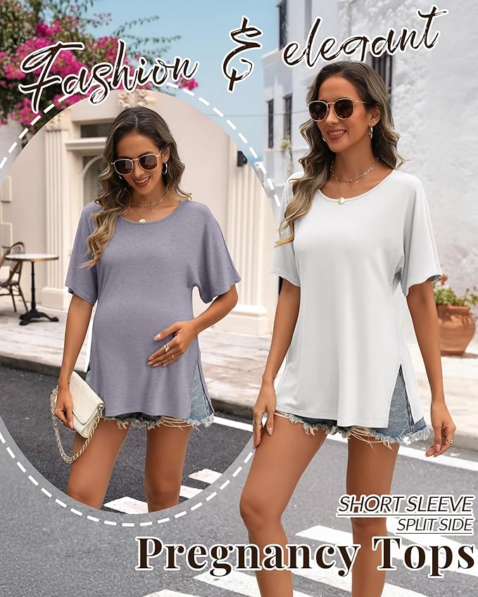 Riyiper 3 Pack Women's Maternity Tunic Shirts Cotton Summer Pregnancy Clothes Loose Oversized Split Side Blouse Tops