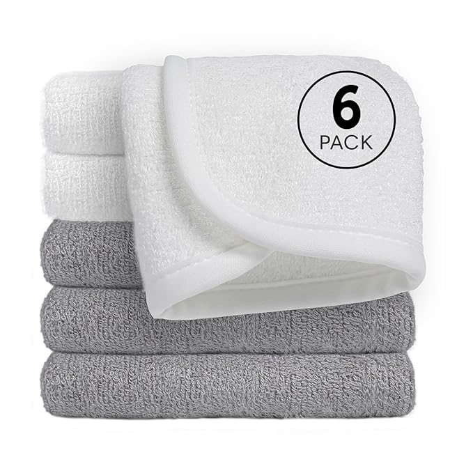 Reusable Organic Baby Washcloths Set: 6 Packs 10 * 10 Ultra Soft Wash Cloth Viscose from Bamboo Absorbent Infant Newborn Bath Face Towel Gentle for Delicate Skin Boys Girl (3 White+ 3 Gray)