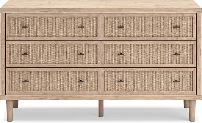 Signature Design by Ashley Cielden Coastal 6-Drawer Dresser, Bronze-Tone Knobs, Safety Stop, Textured Cane Details, 62.01" W x 19.65" D x 35.67" H, Light Brown