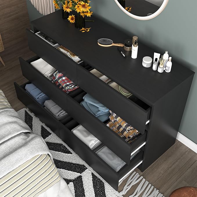 Black Dresser for Bedroom, Modern 6 Drawer Dresser with Deep Drawer,Wide Chest of Drawers, Bedroom Storage Organizer Furniture,TV Stand for Living Room