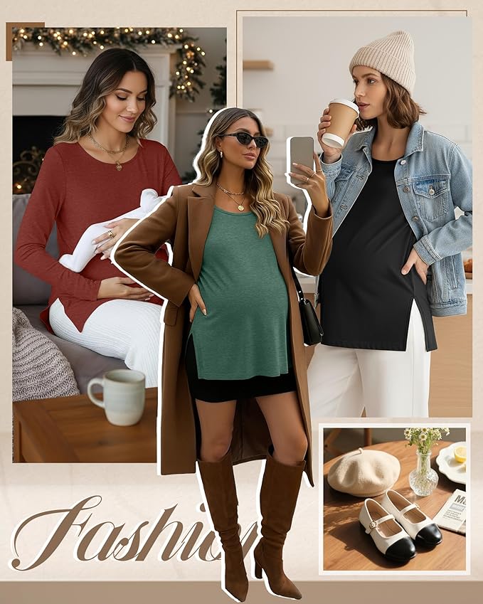 Riyiper 3 Pack Women's Maternity Long Sleeve T-Shirts Round Neck Side Split Tops Loose Casual Pregnancy Mama Clothes Fall