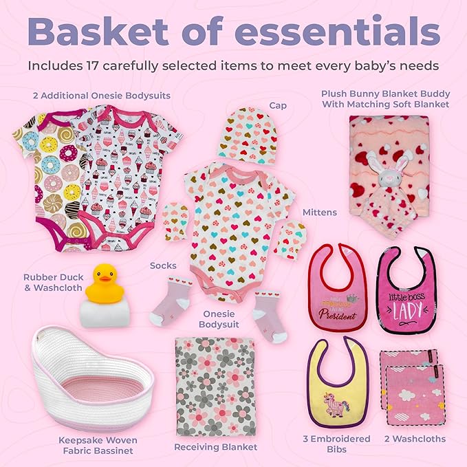 Bassinet New Baby Girl Gift Set | Unique Newborn Gift Basket Hamper for Gender Reveal | Baby Essentials for Expecting Moms & Parents | 17-Piece Baby Layette Set | Pink - Nikki's Gift Baskets