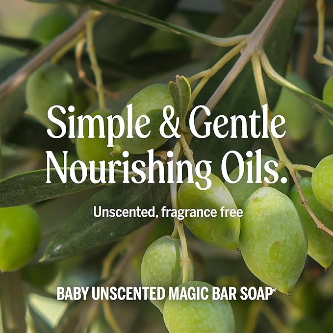 Dr. Bronner's Pure-Castile Magic Bar Soap (Baby Unscented, 5 Ounce, 12-Pack) - Made with Regenerative Organic Certified Oils, Gentle for Sensitive Skin & Babies, Non-GMO, Vegan