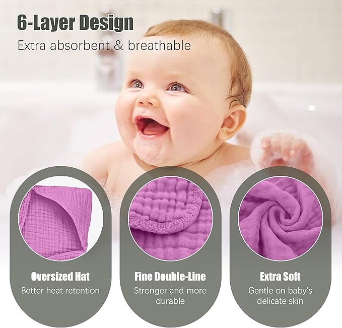 2 Pack Hooded Baby Towels - 100% Muslin Cotton for Newborns, Infants, Toddlers - Large 32x32 Inch Size - Highly Absorbent and Essential for Newborn Care, Deep Sakura