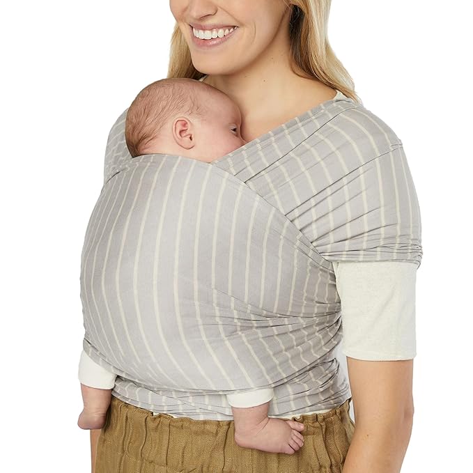 Ergobaby Sustainable Knit Aura Baby Carrier Wrap for Newborn to Toddler (8-25 lbs) - Comfortable, Ergonomic, & Ultra-Soft Newborn Wrap Carrier - One Size Fits Most - Rayon, Grey Stripes
