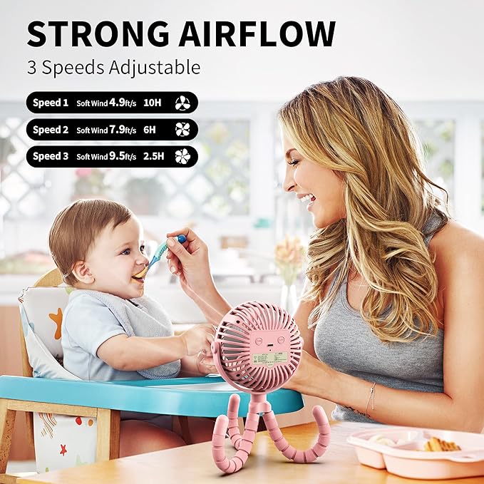 AMACOOL Battery Operated Stroller Fan, Baby Travel Essentials for Beach Disney, Newborn Boy & Girl Showers Gifts Registry Search, Flexible Tripod Clip On Fan for Car Seat Wagon Crib Bike Treadmill