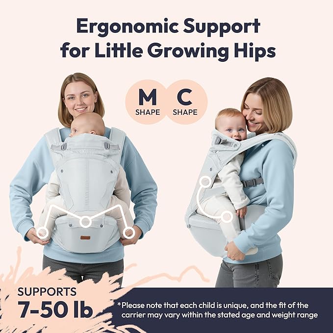BabbleRoo Grow Carrier – Safety-Certified 6-in-1 Toddler & Baby Carrier with Hip Seat, Ergonomic & Adjustable Toddler Carrier 7-50 lbs with Hip Support, Hood for Sun Protection, Newborn to Toddler