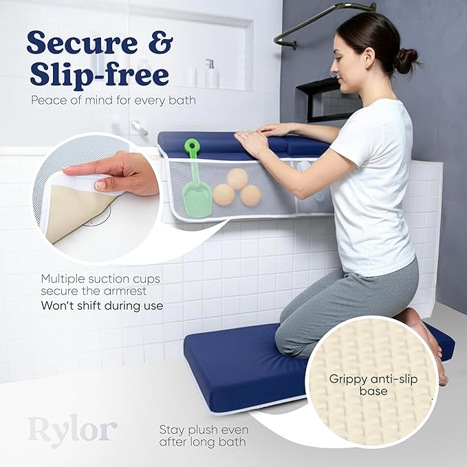 Rylor Premium Baby Bath Kneeler Mat & Elbow Rest Pad Set – Comfortable Bath Kneeler and Elbow Kneeling Rest Pad for Parents, Extra Long 26'', 2.4'' Thick, Non-Slip Support for Easy Bath Time (Blue)