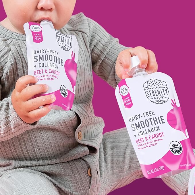 Serenity Kids 6+ Months Organic Baby Food Smoothie Pouch - Beet & Carrot Dairy Free Protein Smoothie with Grass-Fed Collagen - USDA Organic Pouch with No Added Sweeteners - 3.5 Oz, 12 Pack