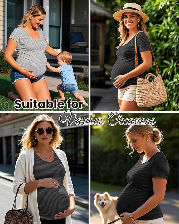 Neer 3 Pack Women's Ribbed Maternity Tops Pregnancy Round Neck Shirts Short Sleeve Soft Maternity Clothes for Mama