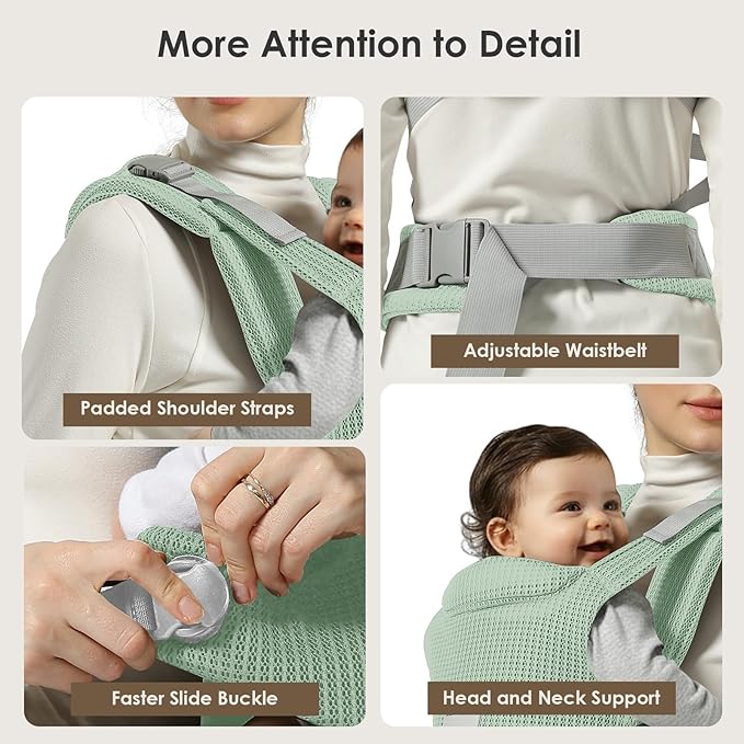 Baby Carrier Newborn to Toddler, Easy Adjustable Toddler Carrier for 7-30lbs, Baby Holder Wrap Carrier, Breathable Mesh Fabric Infant Kangaroo Hip Carriers with Lumbar Support, Green