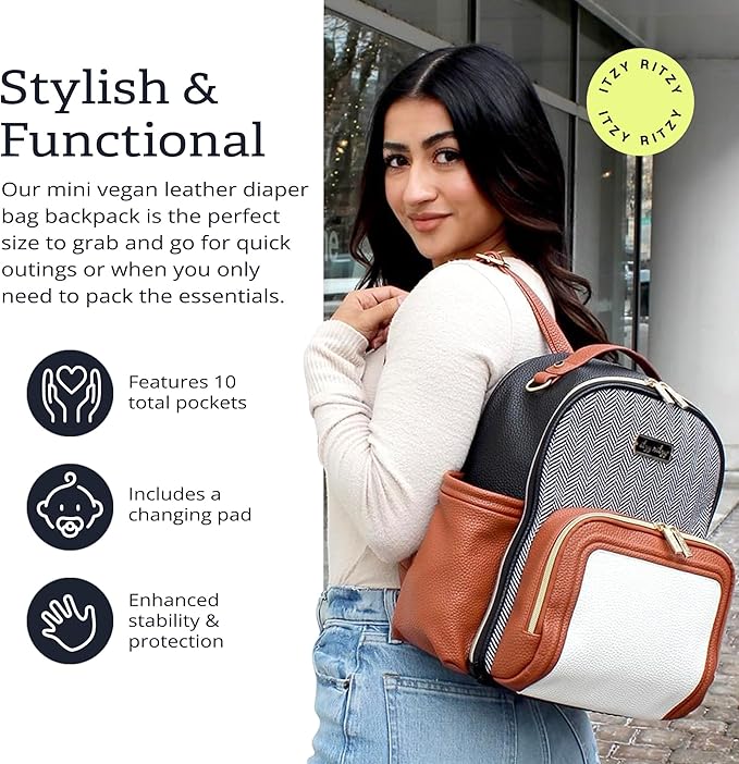 Itzy Ritzy Mini Diaper Bag Backpack – Chic, Compact Mini Plus Backpack with Changing Pad, 10 Pockets (6 Internal, 4 External), Grab-Top Handle & Rubber Feet (Coffee & Cream)