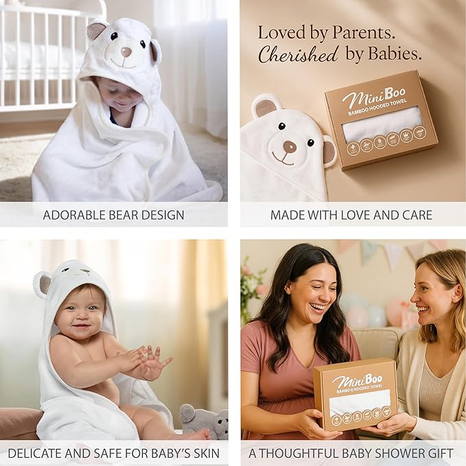 MINIBOO Hooded Baby Towels for Newborn & Toddler - Super Soft Baby Bath Towels with Hood, Highly Absorbent Viscose Made from Bamboo Hooded Towel for Boys, Girls, Newborn Essentials