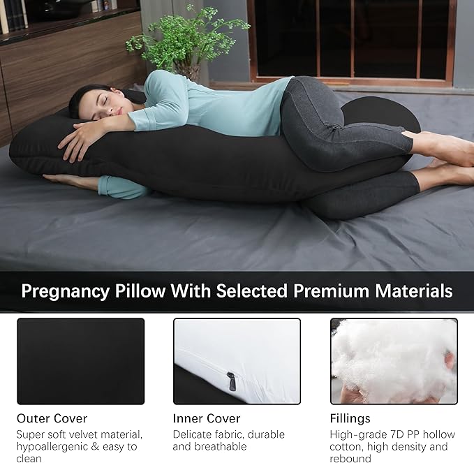 MOON PARK Pregnancy Pillows for Sleeping - U Shaped Full Body Maternity Pillow with Removable Cover - Support for Back, Legs, Belly, Hips - 57 Inch Pregnancy Pillow for Women - Black