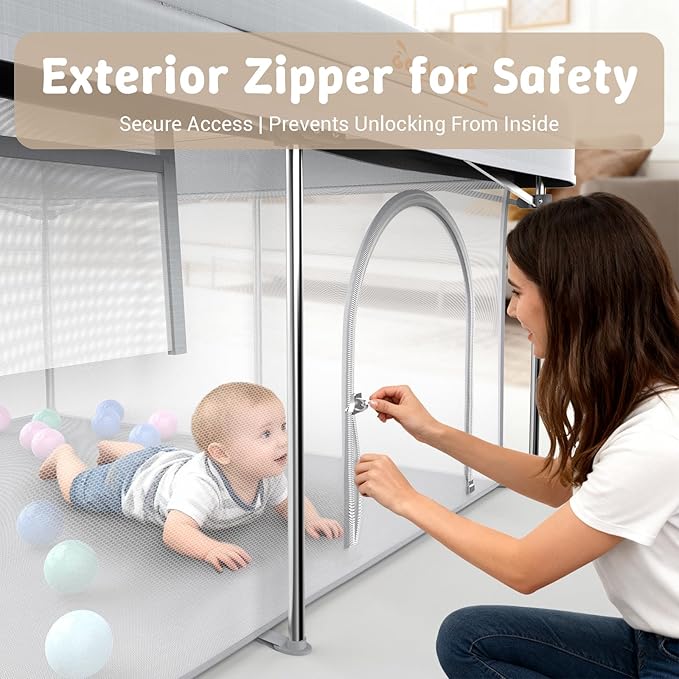 Foldable 50x50 Playpen, Portable Baby Playpen for Babies & Toddlers, Quick Fold Safety Play Yard with Balls, Pull Rings & Carry Bag, Indoor & Outdoor, Grey