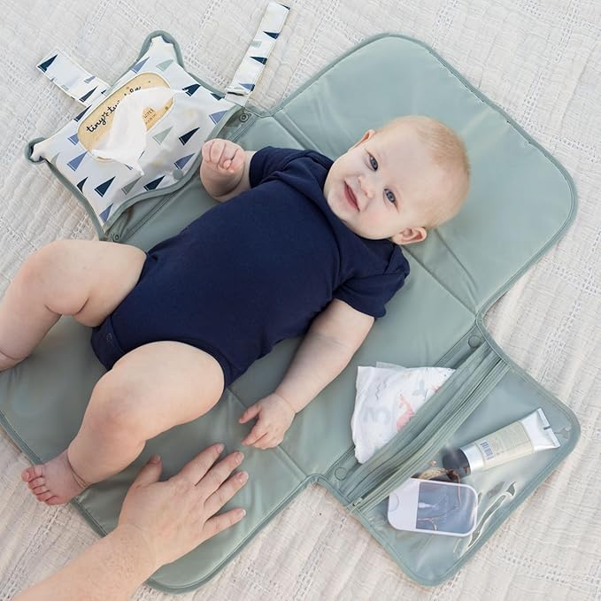 Tiny Twinkle Portable Diaper Changing Pad | Waterproof, Wipeable & Compact Baby Changing Pad for Travel | Smart Wipes Pocket & Organized Storage| Newborn Shower Gift (Varsity Flags)