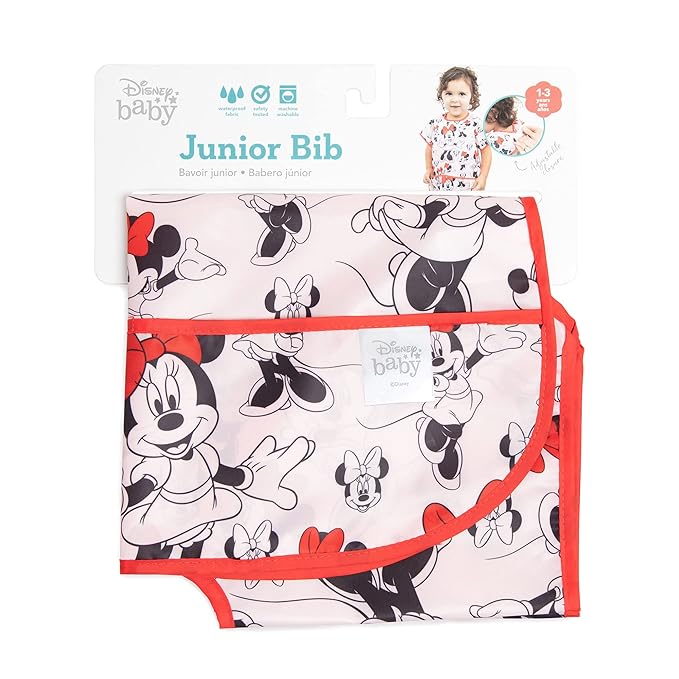 Bumkins Disney Short Sleeve Bib for Girl or Boy, Toddler and Kids for 1-3 Years, Large Size, Essential Must Have for Junior Children, Eating, Mess Saving Soft Fabric Apron for Play, Minnie Mouse