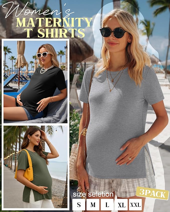 Ficerd 3 Pack Women's Maternity T Shirts, Short Sleeve Side Split Pregnancy Tops Casual Crew Neck Pregnant Tees Mama Clothes