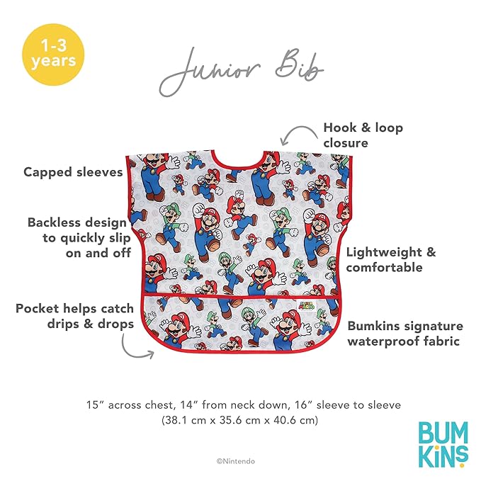 Bumkins Short Sleeve Bib for Girl or Boy, Toddler and Kids for 1-3 Years, Large Size, Essential Must Have for Junior Children, Eating, Mess Saving Soft Fabric Apron for Play, Nintendo Mario and Luigi