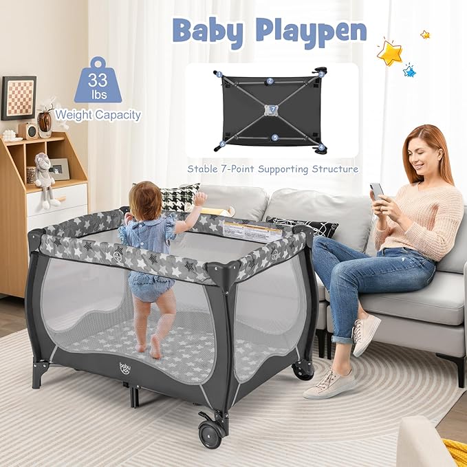 BABY JOY 4 in 1 Pack and Play, Portable Baby Playard with Bassinet, Adjustable Canopy, Changing Table, Lockable Wheels, Music Box, Travel Baby Crib Bassinet from Newborn to Toddler