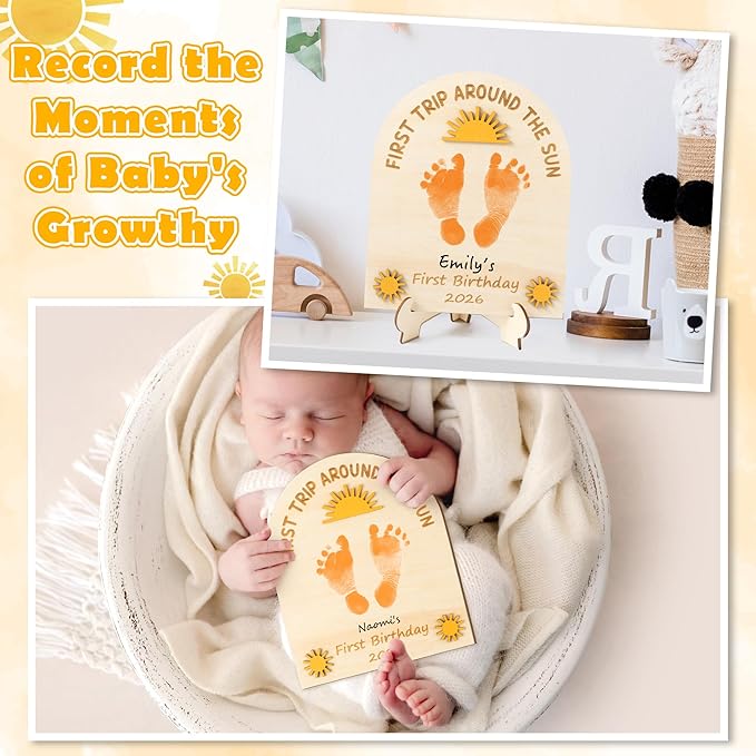 R HORSE 3D Baby's First Birthday Sunshine DIY Footprint or Handprint Art Sign, First Trip Around The Sun Wooden Hanging Decoration, Newborn Keepsake Craft Gift for 1st Birthday Baby Shower Photo Prop