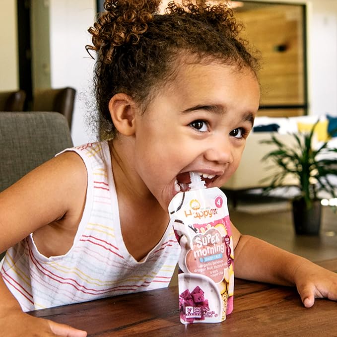 HAPPYTOT Organics Stage 4 Baby Food Pouches, Gluten Free, Super Morning Fruit & Oat Blend, Bananas, Blueberries, Yogurt, Oats & Chia, 4 Oz (Pack of 8)