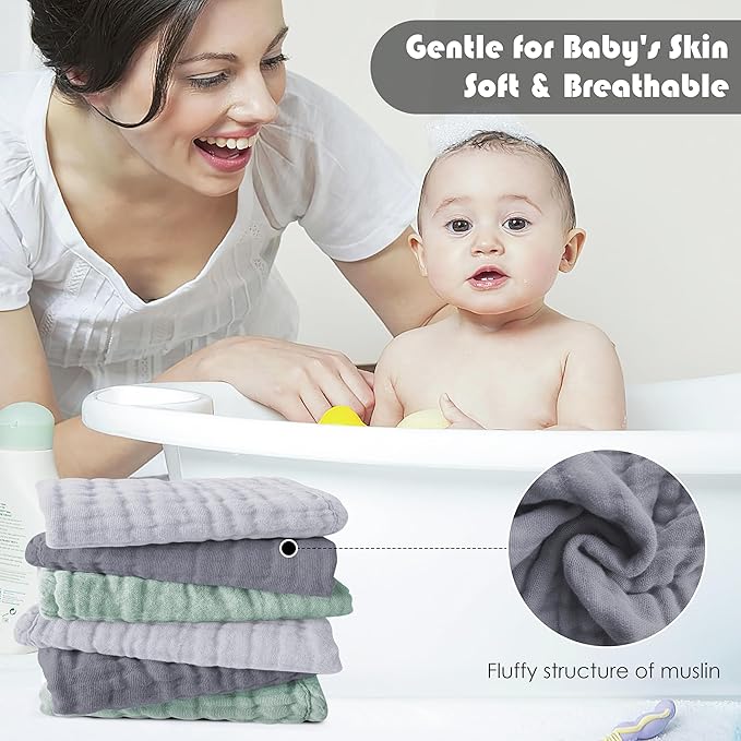 12 Pack Muslin Washcloths for Baby - 100% Cotton Baby Wash Cloths for or Baby Face Body Comfy and Soft for Newborn Infants Kids Girls and Boys - 12"x12" - Grey, Green and Slate