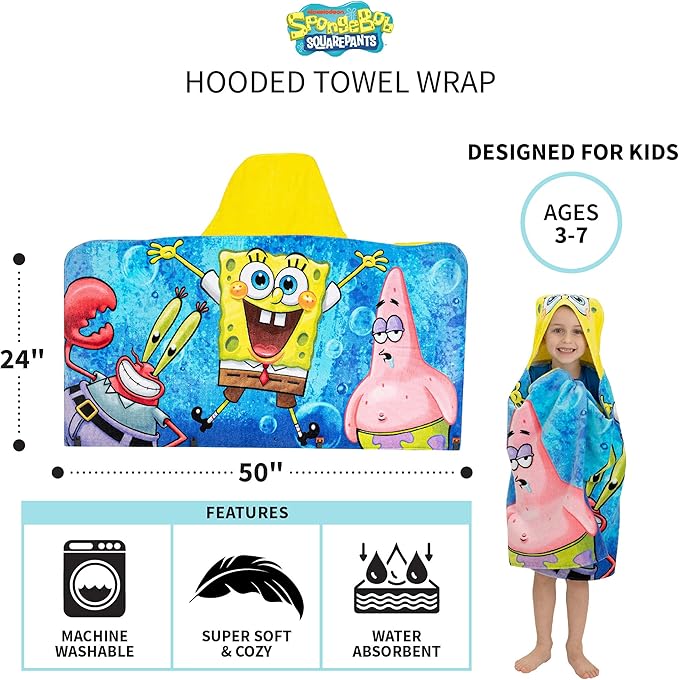 Franco Kids Bath and Beach Soft Cotton Terry Hooded Towel Wrap, 24 in x 50 in, SpongeBob SquarePants