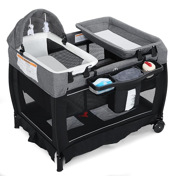 4 in 1 Multifunctional Pack and Play, Foldable Baby Playards with Changing Table & Breathable Mesh, Baby Playpen for Babies and Toddlers, Black