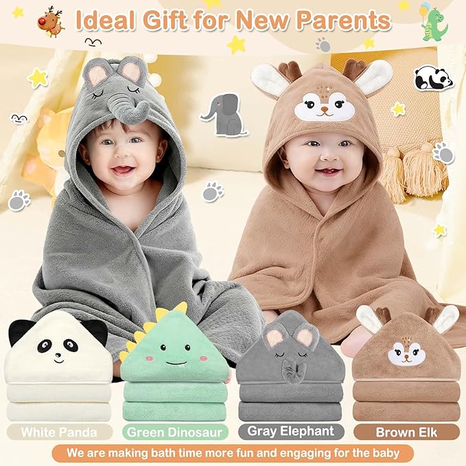 14 Pcs Baby Towels Set, Baby Towels and Washcloths Set,4 Pcs 32x32 in Cute Hooded Bath Towel & 10 Pcs Baby Washcloths for Infants, Toddlers and Kids - Dinosaurs, Pandas, Elephants & Moose
