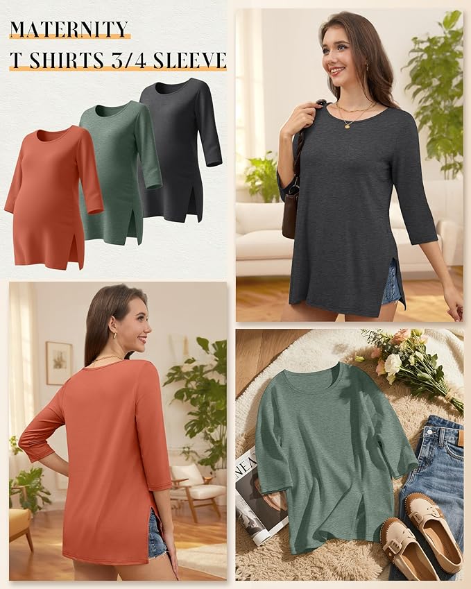 3 Pack Women's 3/4 Sleeve Maternity Shirts Elbow Length Clothes Round Neck Tunics Pregnancy Loose Side Split Tops