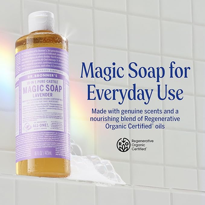 Dr. Bronner's Pure-Castile Magic Liquid Soap (Lavender, 16 Ounce, 2-Pack)- Made with Regenerative Organic Certified Oils, 18-in1 Uses: Face, Hair, Hand & Body Soap, Laundry, Pets- Concentrated, Vegan
