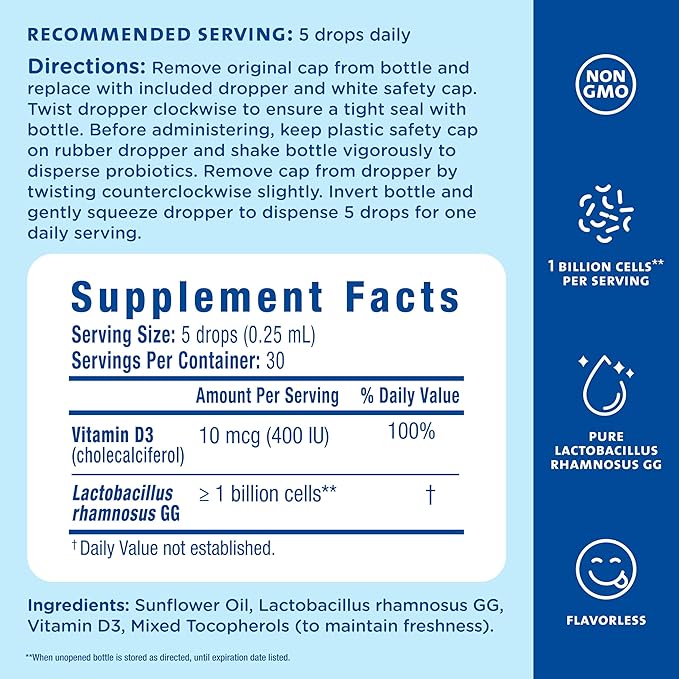 Mommy's Bliss Baby Probiotics + Vitamin D Drops, Supports Digestive Health & Immune Function*, 400IU Vitamin D , Supports Bone Development*, Newborns+, Flavorless, 0.34 Fl Oz (30 Servings)