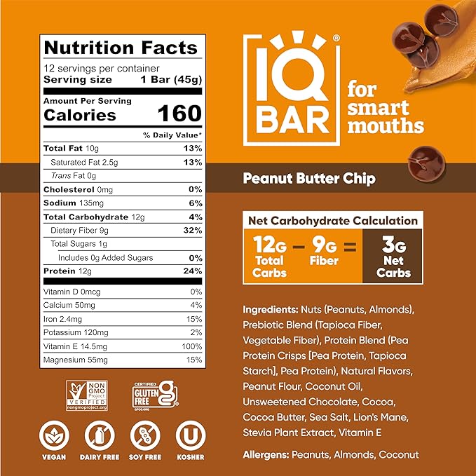 IQBAR Brain and Body Plant Protein Bars - Peanut Butter Chip - 12-Count - Keto, Vegan, Low Carb, High Fiber, Gluten Free, Dairy Free, Low Sugar Snack with Nutrients for Focus, Energy, Meal Replacement