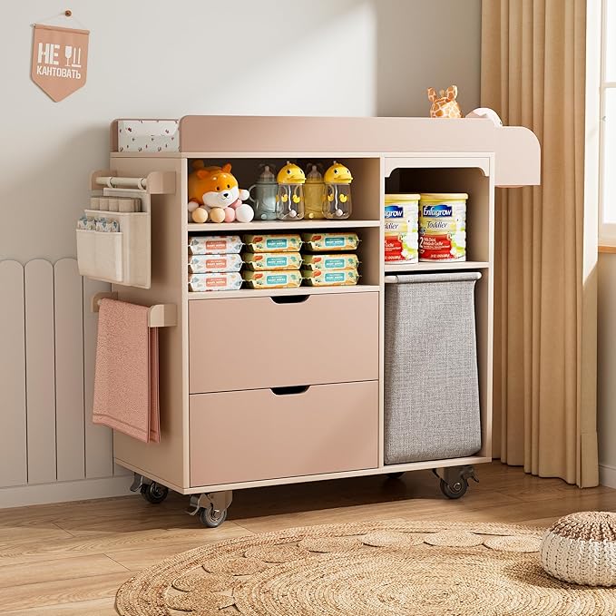 100% Solid Wood Baby Changing Table Dresser with Drawers, Nursery Diaper Changing Station with Changing Pad & Built-In Trash Bag Storage, Rolling Space-Saving Design for Newborn & Toddler, Pink