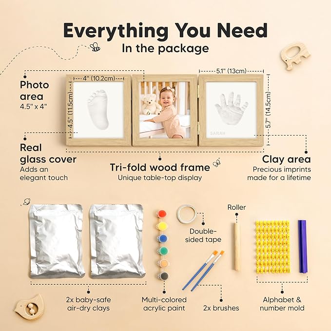 KeaBabies Baby Shower Gifts for Boys, Girls - Baby Hand and Footprint Kit, Newborn Handprint Kit, Keepsake Photo Frame, Nursery Picture Frame, Gender-Neutral Newborn Keepsake Gifts (Ash Wood)