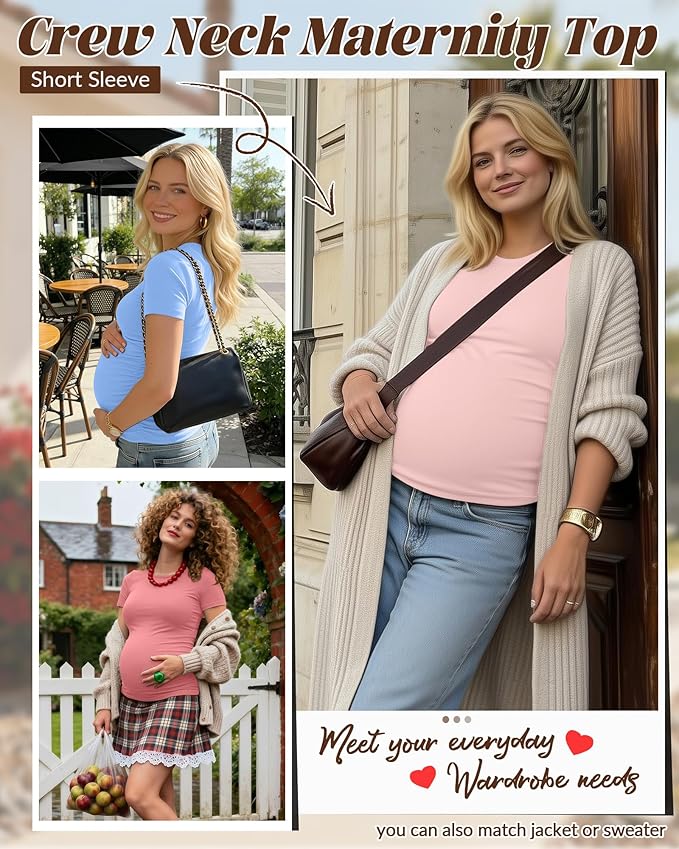 Huukeay 4 Pack Women's Maternity Shirts, Crew Neck Maternity Top Short Sleeve Casual Cotton Tee Side Ruched Pregnancy Clothes