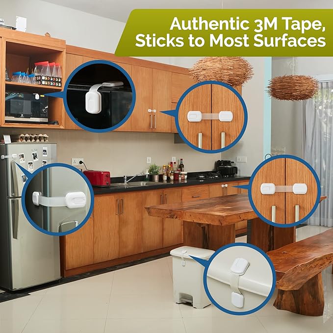 Child Safety Strap Locks (6 Pack) Baby Locks for Cabinets and Drawers, Toilet, Fridge & More. 3M Adhesive Pads. Easy Installation, No Drilling Required, White