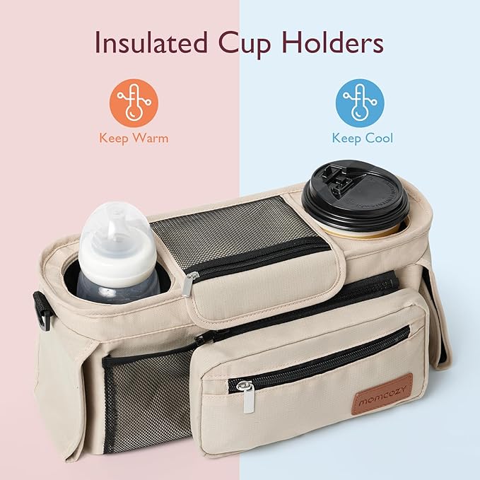 Momcozy Universal Baby Stroller Organizer, 2 Insulated Cup Holder, Detachable Zippered Pocket, Adjustable Shoulder Strap, Large capacity for baby essentials, Compact Design Fits Any Strollers
