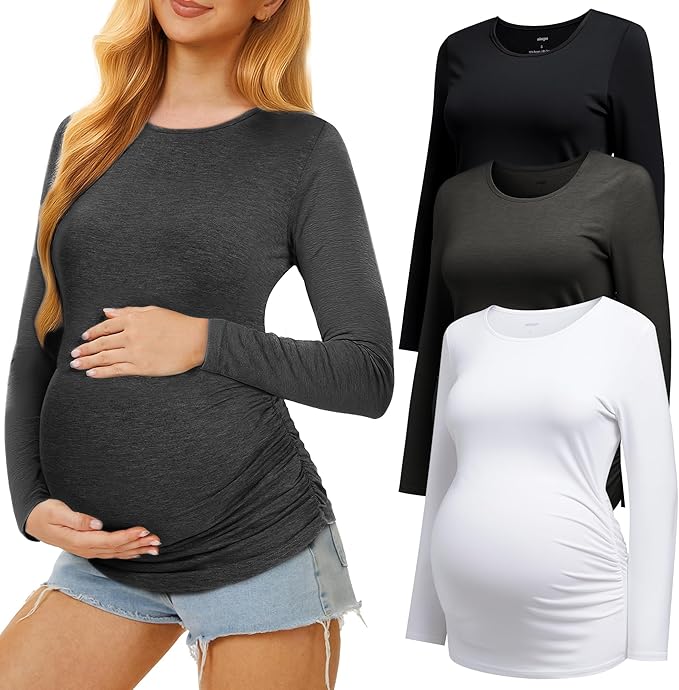 3 Pack Maternity Shirts Long Sleeve Pregnancy Top for Women with Crew Neck Casual Tee Shirts