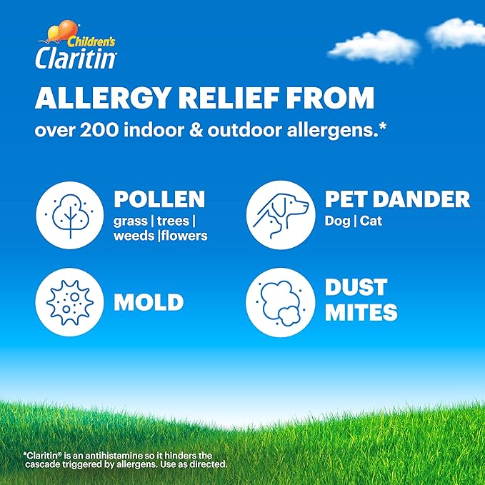 Claritin Children's Allergy Medicine, 24-Hour Non-Drowsy Loratadine 5mg, Antihistamine Liquid for Kids Aged 2 Years and Older, Grape Flavored, 8 fl oz. (Pack of 2)