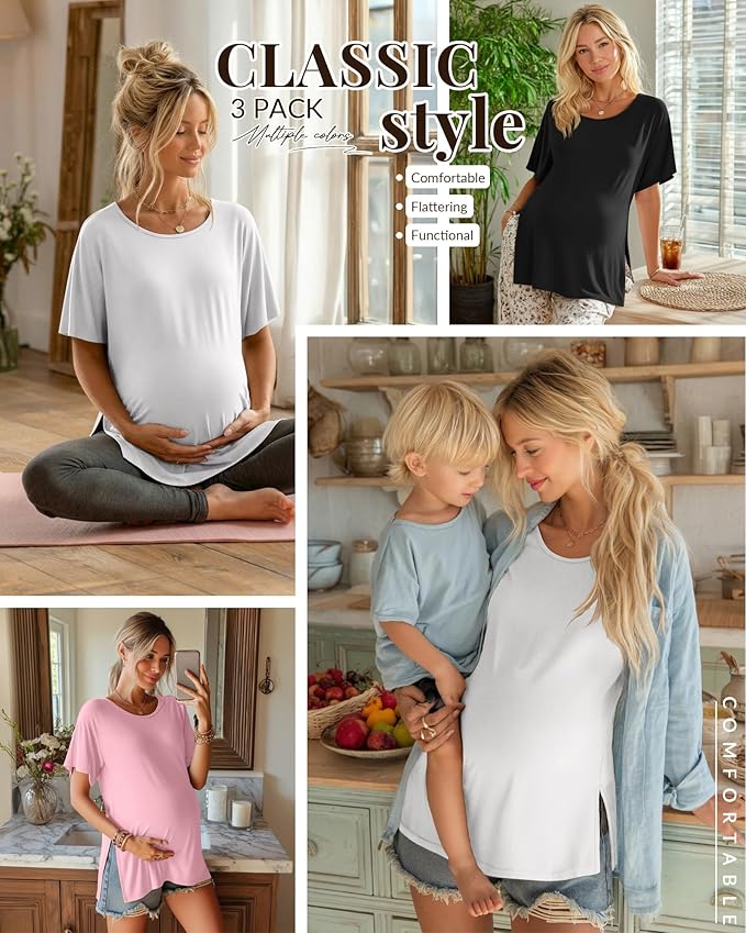 Riyiper 3 Pack Women's Maternity Tunic Shirts Cotton Summer Pregnancy Clothes Loose Oversized Split Side Blouse Tops