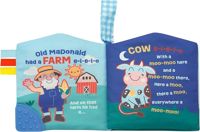 Magic Years 5 inch Soft, Crinkle Activity Book with Teether and Travel Strap for Baby, Old Macdonald Had a Farm, Red