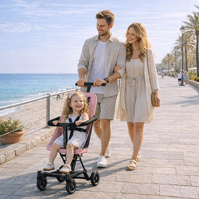 Dream On Me Coast Rider Travel Stroller, Lightweight & Compact Baby Stroller, Theme Park Approved, Book-Folding Design, Adjustable Handle, Soft-Ride Wheels, Converts to Rider & Scooter - Pink