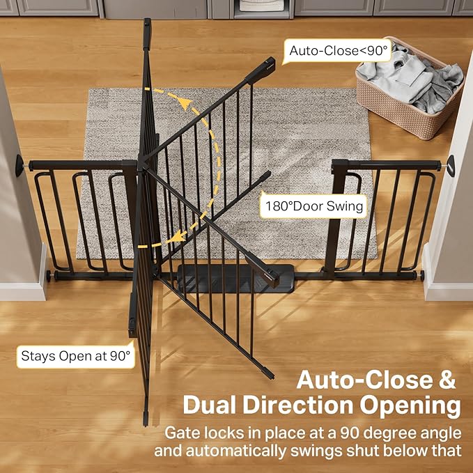 Cumbor 36.6-59" Extra Wide Baby Gate for Stairs, Pressure Mounted Dog Gate for Doorways, Auto-Close Easy Walk Through Safety Child Gate for Kids Toddler, Tall Pet Gates Indoor, Black