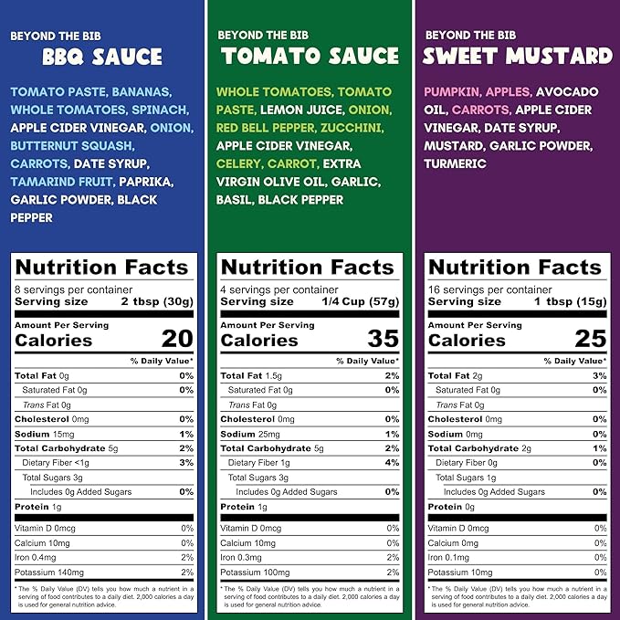 Beyond the Bib All Natural Toddler Sauces for Picky Eaters - Hidden Vegetables, No Added Sugar, Quick & Healthy Mealtime Solution - For 24+ Months (Tomato, BBQ, Sweet Mustard)