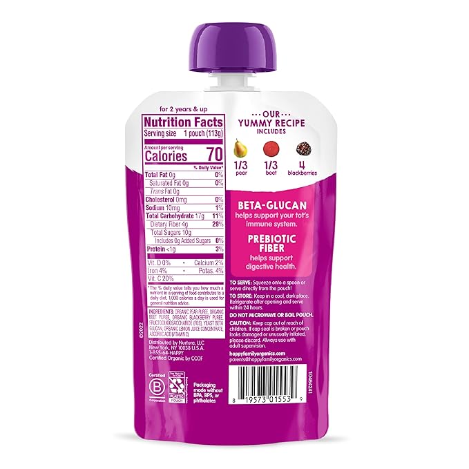 HAPPYTOT Organics Stage 4 Baby Food Pouches, Gluten Free, Vegan Snack, Super Bellies, Fruit & Veggie Puree, Pears, Beets & Blackberries 4 Ounce (Pack of 16)