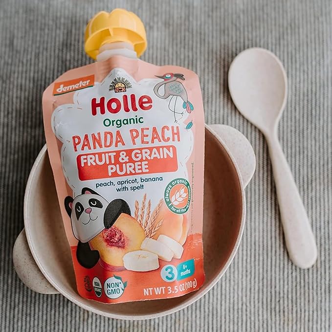 Holle Organic Baby Food Pouches - Panda Peach Baby Puree with Peach, Banana, Apricot & Spelt - (6 Pack) Organic Baby Snacks + Fruit and Veggie Pouches for Weaning Babies 6 Months and Older