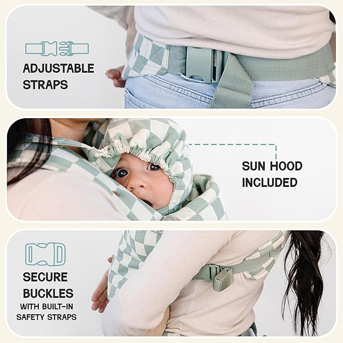 Ava & Oliver Essential Baby Carrier – Ergonomic, Hip-Healthy Soft Structured Carrier for Infants & Toddlers (7–35lbs) - Front and Back Carry, Breathable Fabric, Stylish & Lightweight (Olive Checker)
